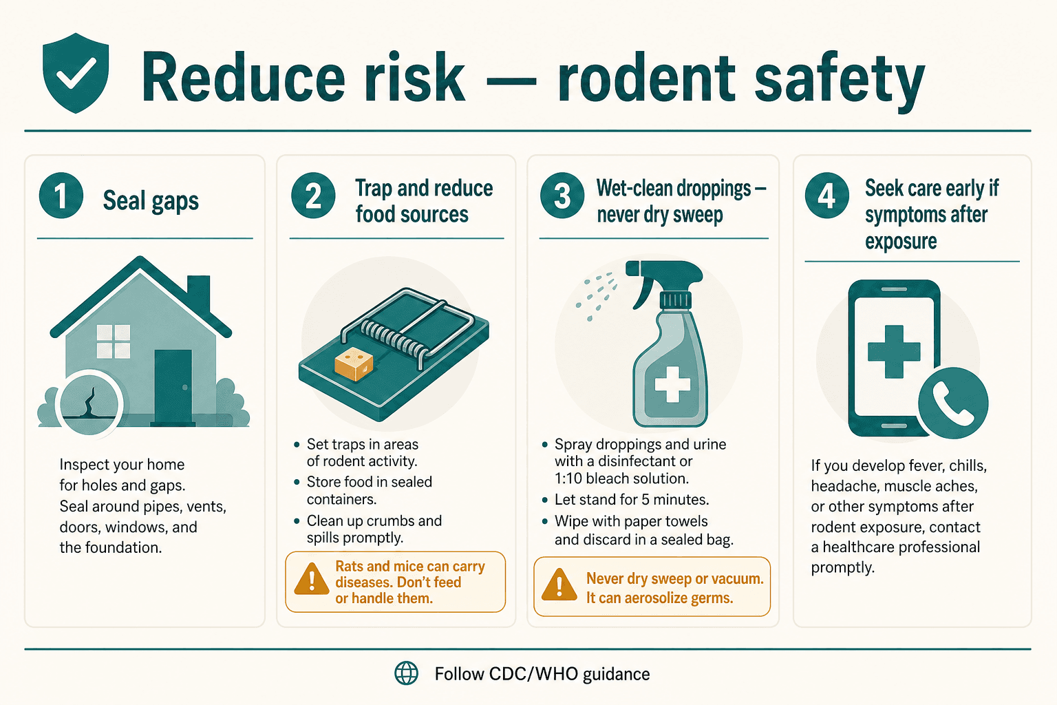 Infographic checklist: seal gaps, trap rodents and remove food sources, wet-clean droppings instead of dry sweeping, seek early medical care